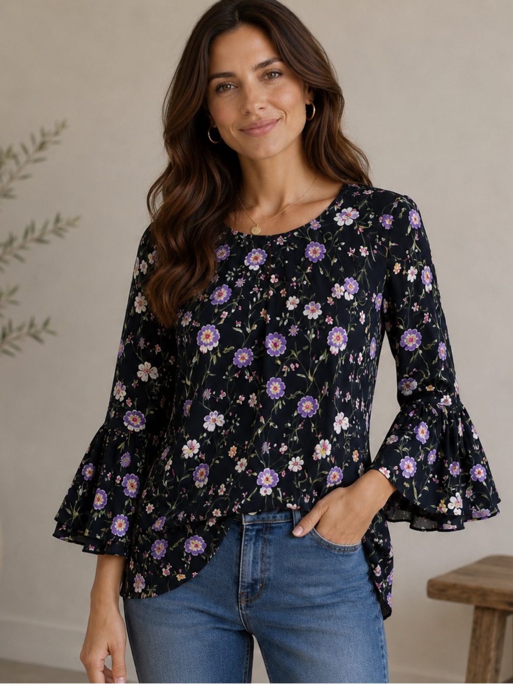 Black Floral Bell Sleeve Blouse Boho Flowy Top Women Small Lauren Conrad